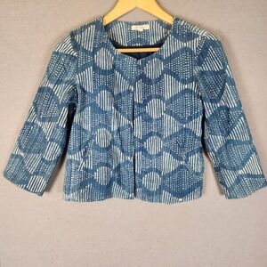 Eileen Fisher Jacket Small Petite PP Blue Geometric Open Front Cropped Organic